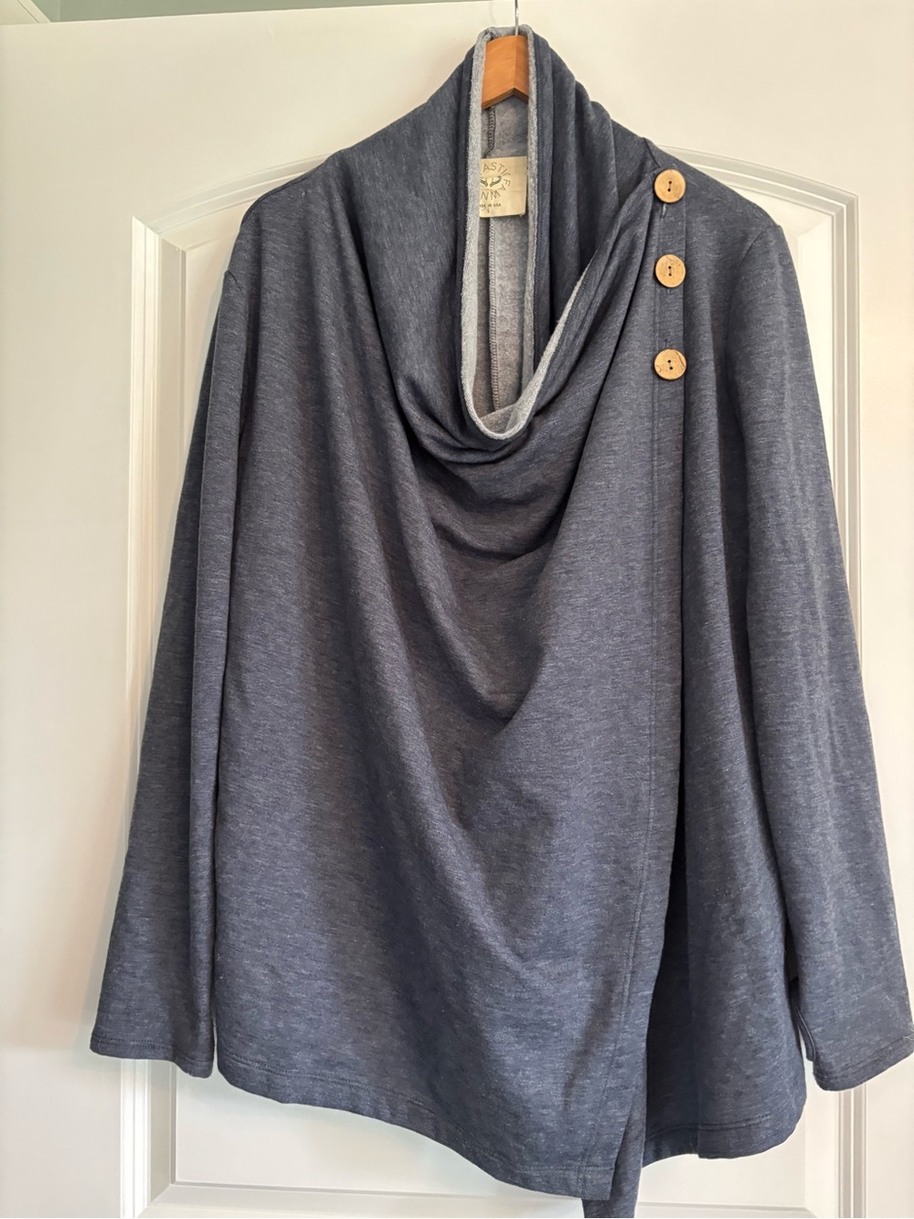 Fantastic Fawn Asymmetrical Cowl Neck Wrap Cardigan Jacket Heather Gray Blue L